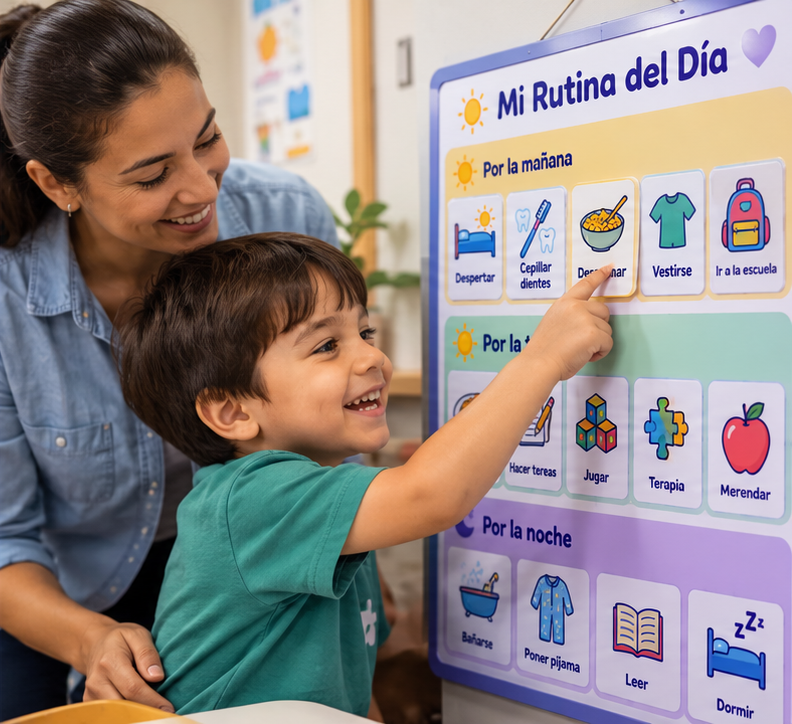 Niño señalando pictograma